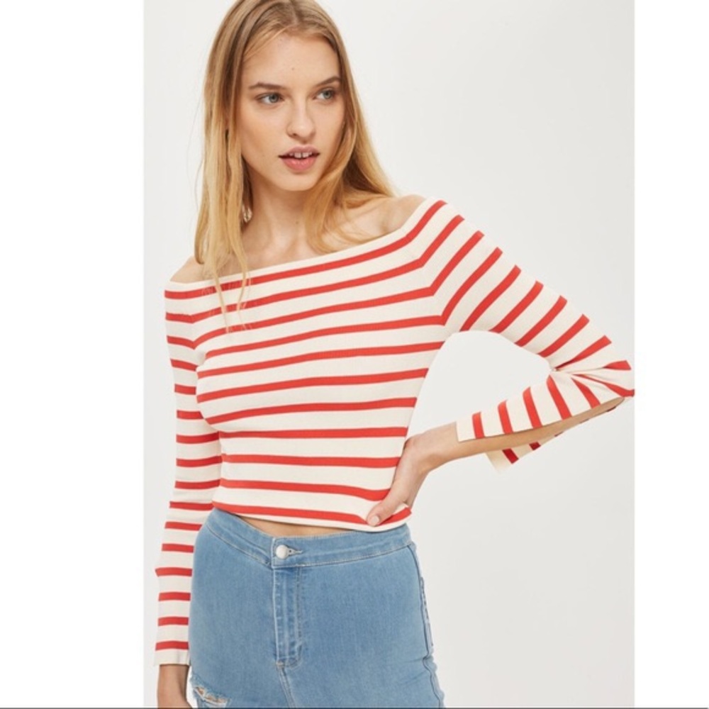 Topshop Red and White Striped Off-Shoulder Crop Top Size 4